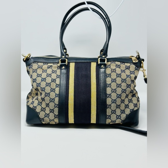 Gucci Vintage Blue & Gold Canvas & Leather Satchel . NO CROSSBODY STRAP. - Picture 2 of 13